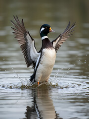 Obraz premium A photo showcasing a bufflehead duck dramatically raising out of the water using forced perspective to create a dynamic effect, bird, outdoor, reflection, aquatic bird, jumping, wings