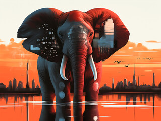 Elephant in the city at sunset, concept of nature and civilization.