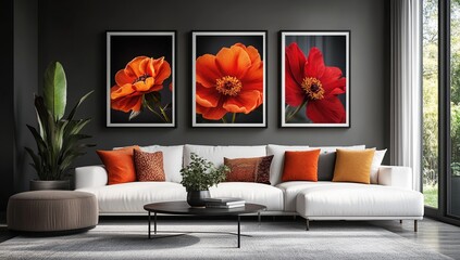 Vibrant Orange and Red Poppy Triptych in Modern Living Room