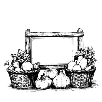 Rustic vegetable market display with woven baskets, fresh produce, and a blank sign for custom labeling