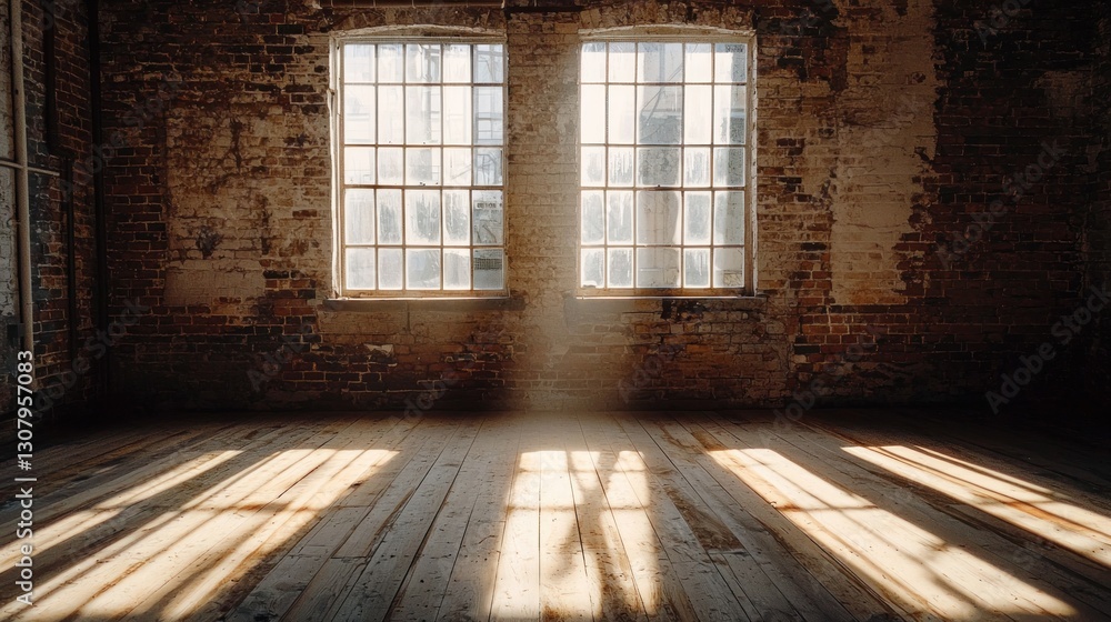 Poster sunlight streams through two large windows in a rustic brick room with wooden floors.