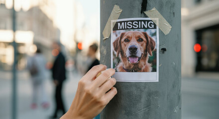 Missing dog flyer posted on city street pole