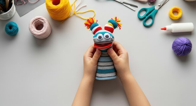 Child making colorful sock puppet crafting project with supplies on table