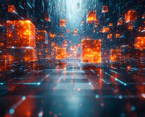 Obraz premium Abstract digital space with floating cubes on a white gradient background featuring a central cluster emitting orange light with blue and red shadows