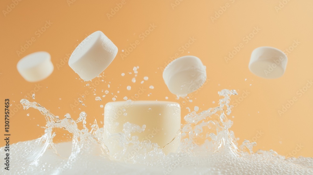 Poster milk splash with floating marshmallows on a warm background