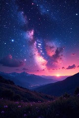 Fototapeta premium paisaje con cielos luminoso y estrellas multicolores con un efecto sonoro, luces del cielo, estrellas multicolors