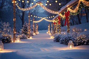 Fototapeta premium Winter Wonderland Wallpaper with Snowy Landscape Festive Lights and Ribbons