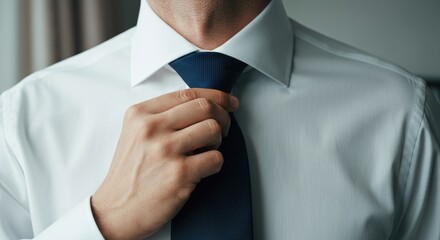 Man adjusting tie, preparing for work interview with confident look