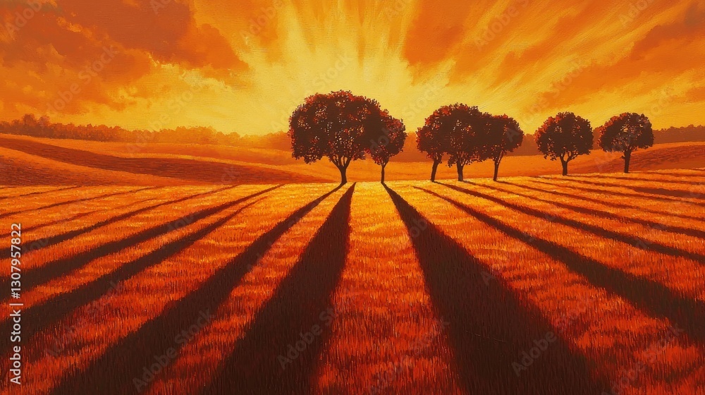 Poster sunset over rolling hills with four trees casting long shadows.