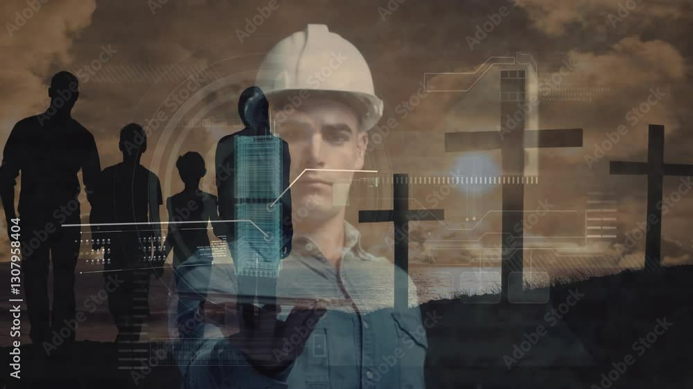 Poster using animation, construction worker in hard hat interacting with digital interface