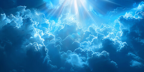 Sunlight Breaking Through Fluffy Blue Clouds in a Heavenly Sky
