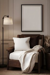 Blank white poster mockup in a cozy bedroom. 3D rendering