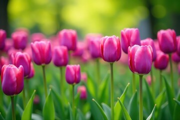 A profusion of purple tulips and verdant foliage thriving in a vibrant spring garden , botany, flora, springtime