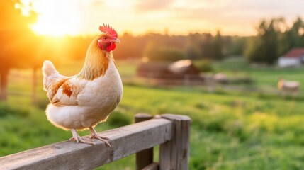 Fototapeta premium A hen perches on a wooden fence at sunset, overlooking a lush green pasture with farm buildings in the background.