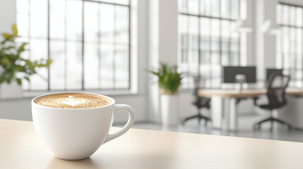 Side Angle of a Cappuccino Cup Resting on a Desk with an Office Background Softly Blurred and Ample Open Space to the Right for Inserting Text, Perfect for Corporate Banners