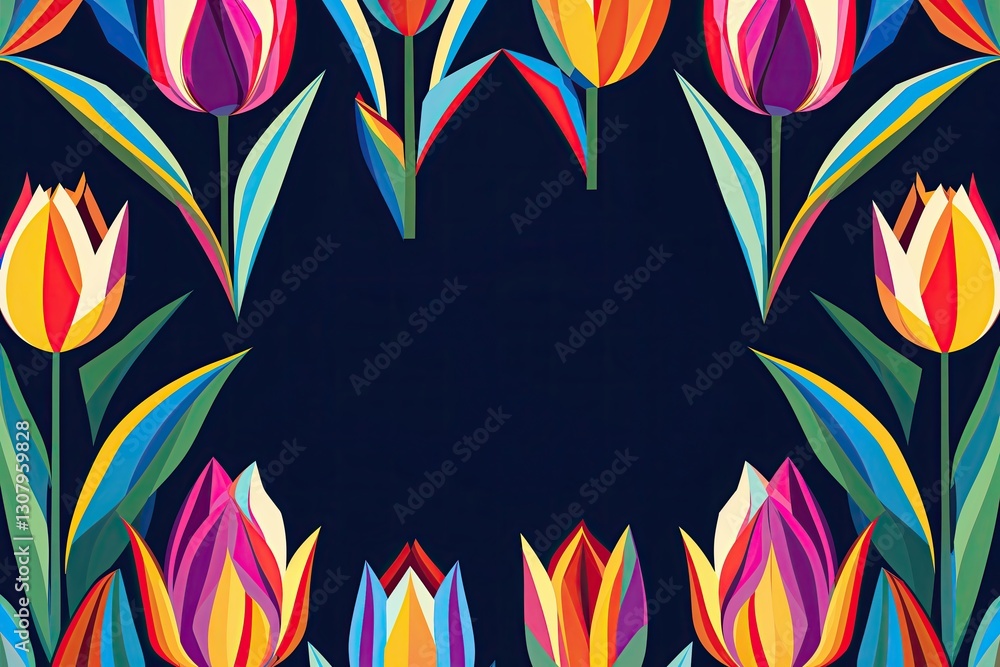 Poster bright geometric tulip patterns on dark navy canvas with space for text
