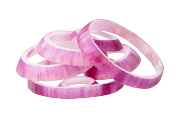 Side view of fresh red or purple onion rings or slices in stack isolated with clipping path in png file format