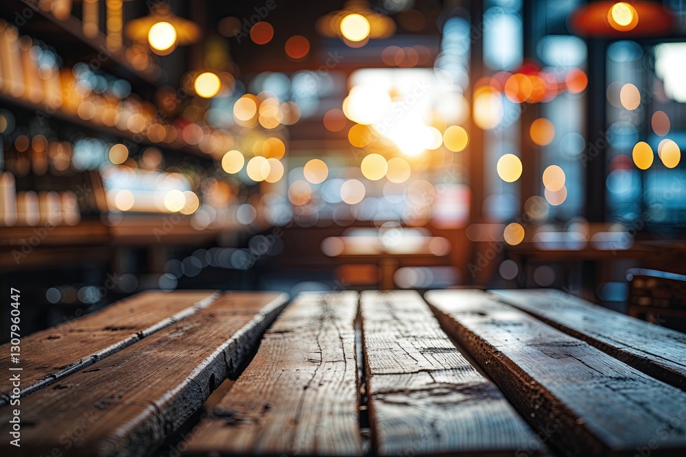 Poster empty wooden tabletop in blurry cafe setting with enchanting bokeh effect