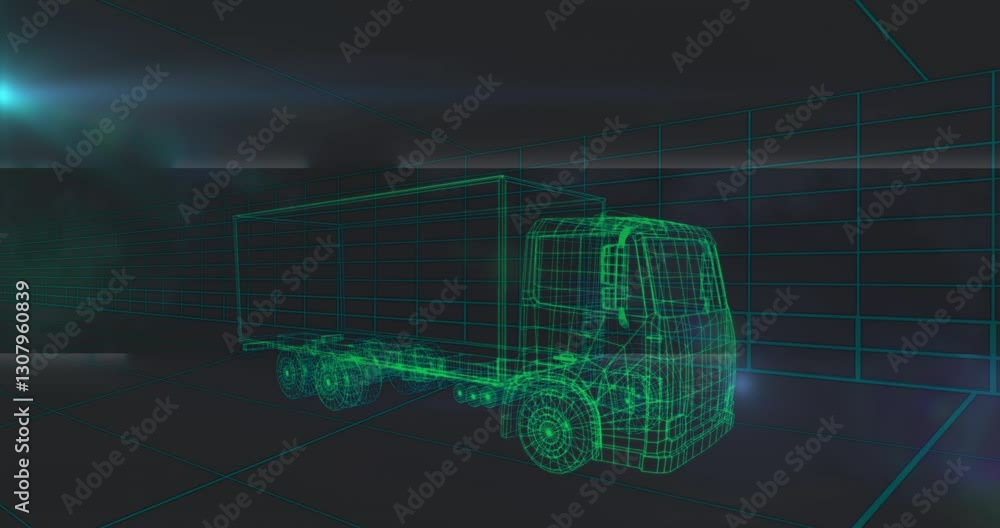 Poster designing futuristic wireframe truck in digital animation grid environment