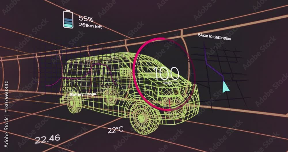 Poster animation of wireframe vehicle dashboard displaying speed, battery, and navigation data