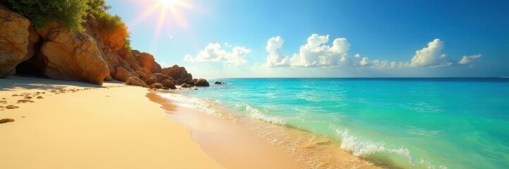 Obraz premium Golden sand meets turquoise water, dazzling sunlight, golden, sun