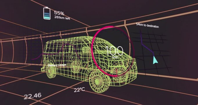 Animation of wireframe vehicle dashboard displaying speed, battery, and navigation data
