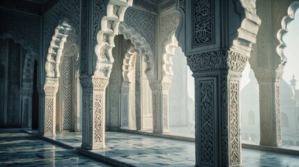Ornate arches and columns in a sunlit, Islamic-style building.