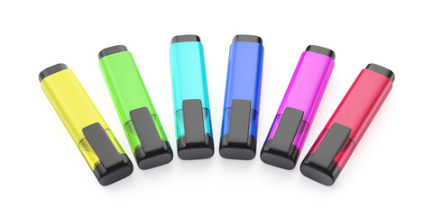 Six highlighters in different colors on white background
