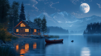 Fototapeta premium night view of the lake, Lake under the snow mountain
