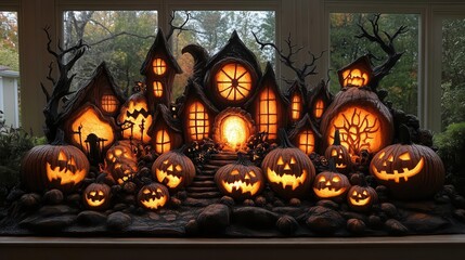 Halloween pumpkin carvings, spooky glowing lights