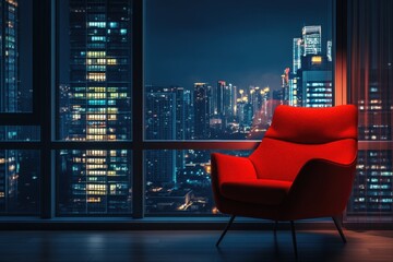 Cozy Red Chair Besides a Big Window in Home Minimalist Interior at Night.