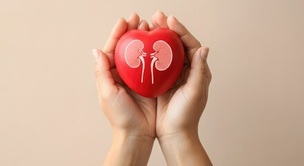 Hands holding red heart with kidney illustration, health concept