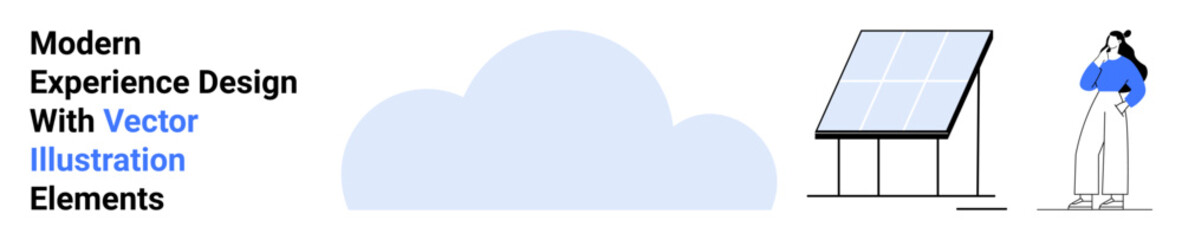 Woman analyzing a solar panel beside a cloud. Ideal for sustainability, renewable energy, technology, eco-friendly innovation, environmental awareness, clean energy solutions, flat landing page