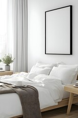 Blank white poster mockup in a cozy bedroom. 3D rendering