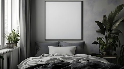 Blank white poster mockup in a cozy bedroom. 3D rendering