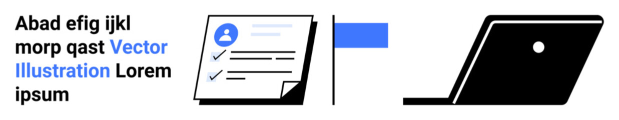 Document with user profile details and checkboxes beside open laptop screen. Ideal for online work, digital records, user data, modern communication, office tasks, e-learning, abstract line flat