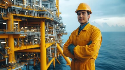 Industrial worker operating machinery on an oil rig