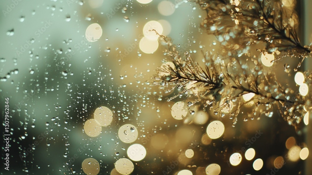 Poster rainy window with golden branch and bokeh lights.