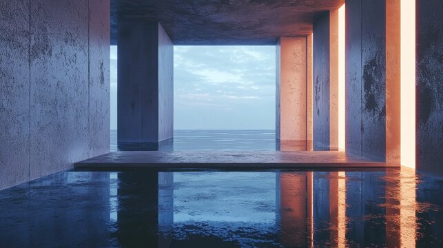 Modern open-air concrete space with ocean view