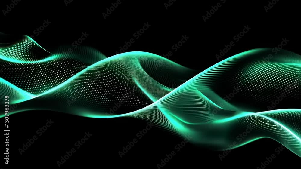 Poster abstract video art featuring glowing green waves on a black background, captured from a side angle, 