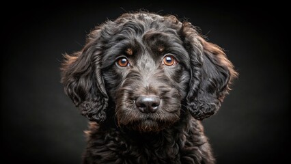 Adorable Black Labradoodle Puppy, Curious Gaze, Isolated on Black Background