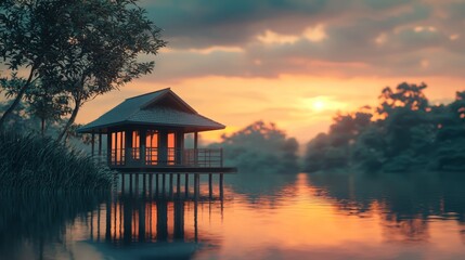 Fototapeta premium Tranquil lake view with a wooden hut at sunset