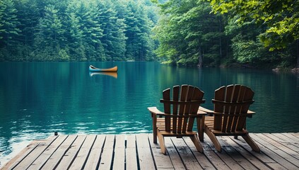 Fototapeta premium Two Wooden Chairs on a Lake Dock with Rowboat