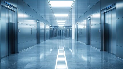 Fototapeta premium Modern building interior with shiny metal elevator doors and polished floor.