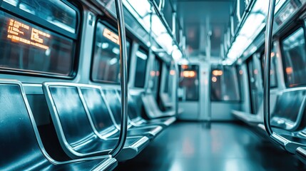 Fototapeta premium Empty subway car interior, metal seats, modern design.