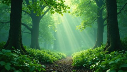 Obraz premium Soft green mist rises from a tranquil forest floor, calm atmosphere, nature scene