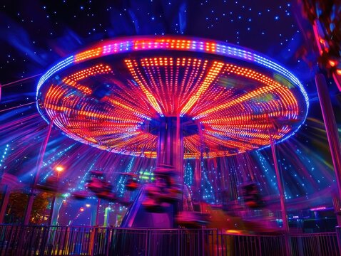 Dazzling night, A blur of vibrant lights on a spinning carnival ride