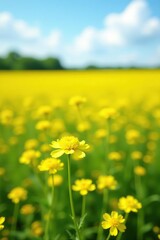 Fototapeta premium Sunny field with blooming yellow canola flowers, fields, rapeseed
