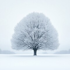 A large tree covered in snow against a white background in a winter landscape.