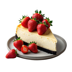 Cheesecake Slice with Strawberries and Smooth Creamy Filling Isolated on Transparent Background.
